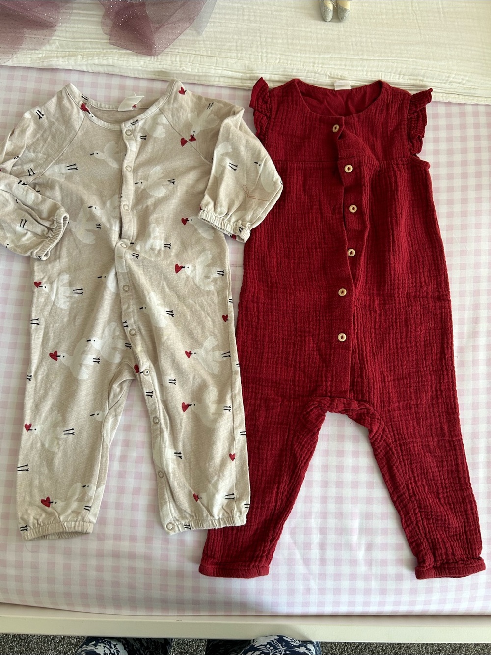 H&M Red Gauze Romper & Beige Printed Onesie Set